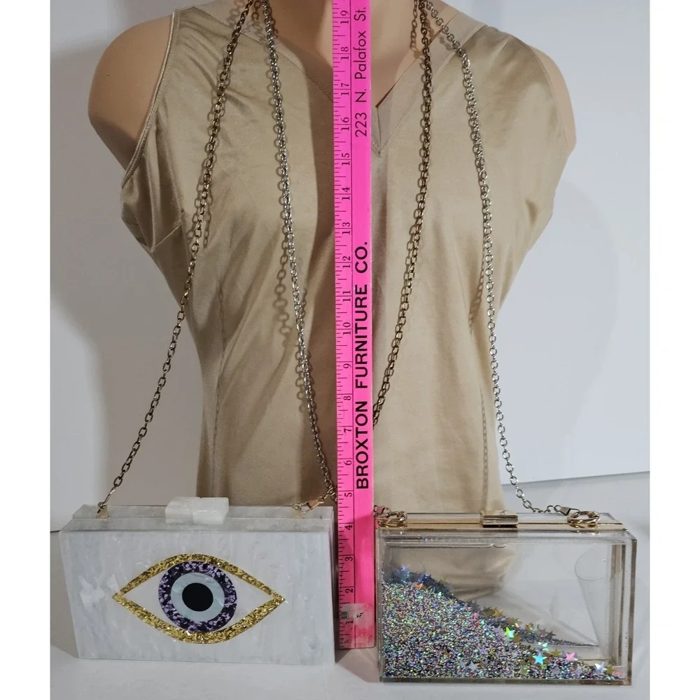 Lot 2 White Acrylic Purse Blue Evil Eye & Glitter Bomb Chain Shoulderbag Clutch